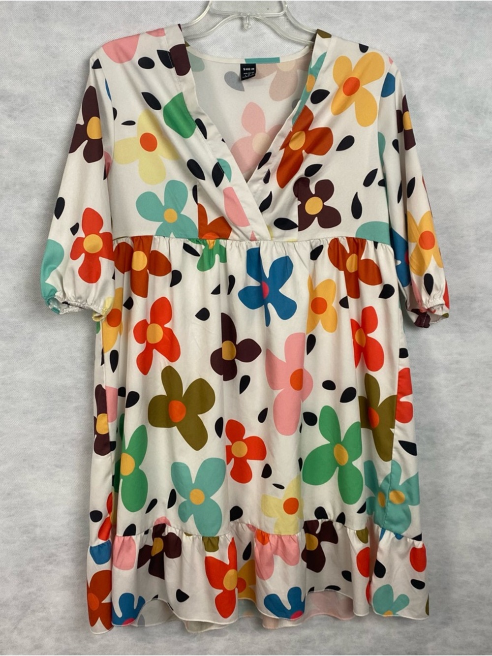 Shein Floral V neck puff sleeve dress Small Multicolor